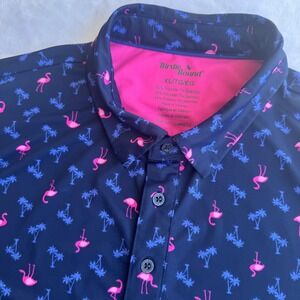 Birdie Bound Mens XL Navy Pink Flamingo Palm Tree Golf Performance Polo Shirt